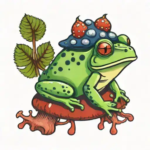 Green Frog Sitting On A Red Mushroom With Blueberries Around And Ombre Green And Brown Leaves Nearby