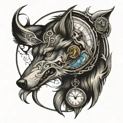 Wolf Face And Time Piece And Moon Surrounded
