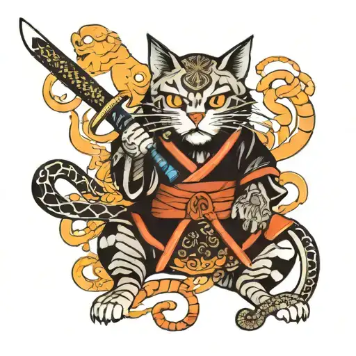 Samurai Cat With Katana And Snakes Around