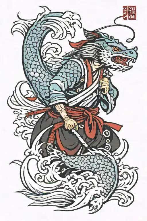 Samurai With Carp With Waves