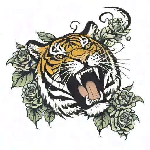 Tiger With Mouth Open Surrounded By Roses