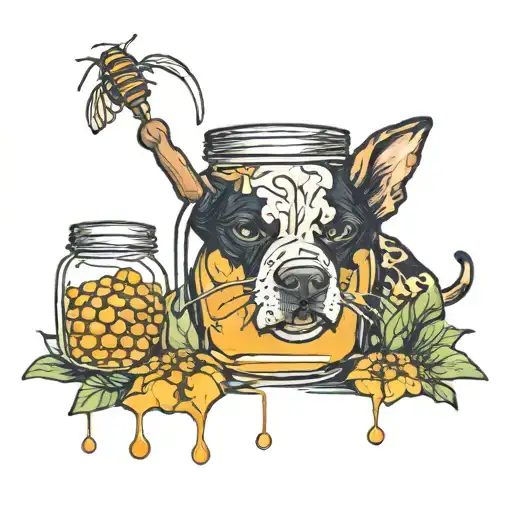 Jar Of Honey And A Dog Eating It