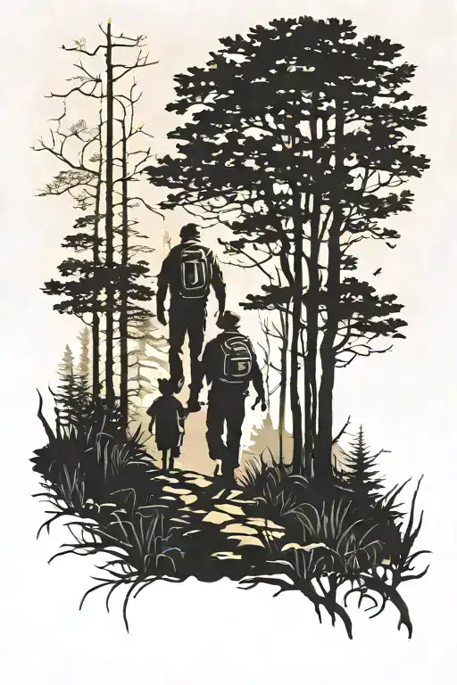 Father And Son Silhoutte Walking Into Woods To Go Hunting