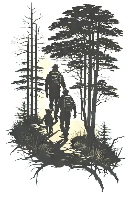 Father And Son Silhoutte Walking Into Woods To Go Hunting