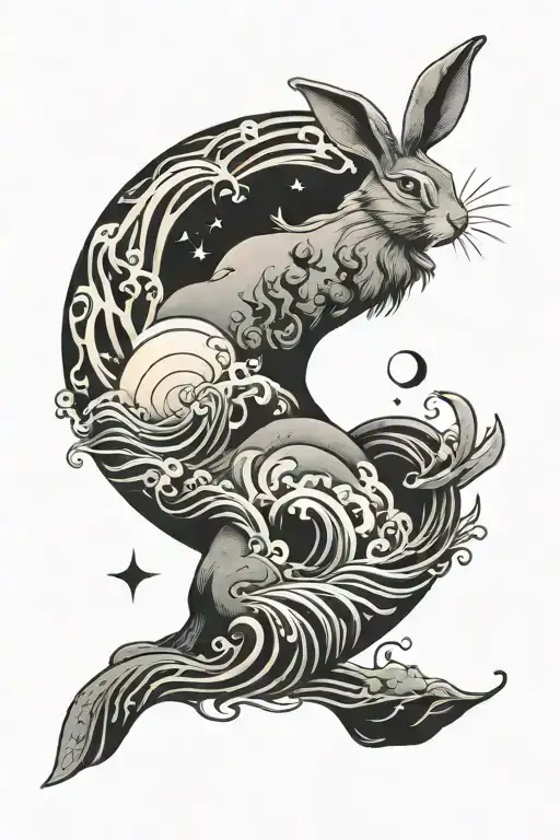 Rabbit And Moon And Ocean Waves