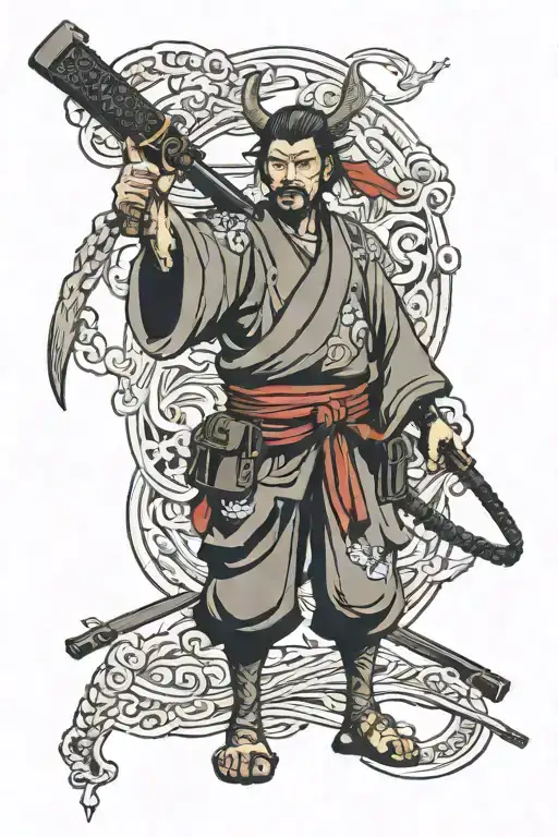 Samurai Standing With Guns Money Drugs