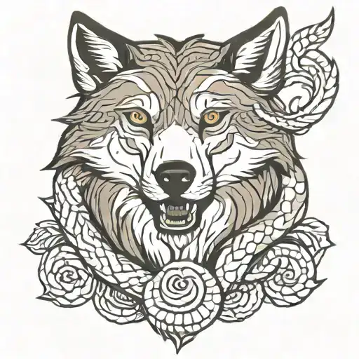 A Tattoo Of A Wolf With A Snake Around Its Neck