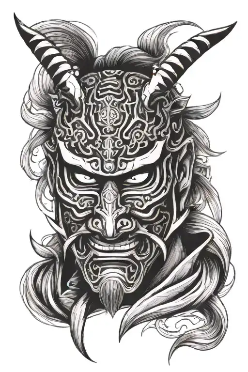 Samurai Mask Black And White Drawing