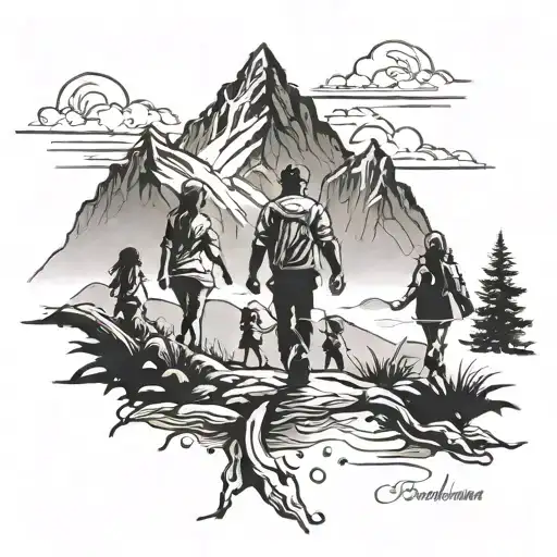 Siloutte Of Father And Two Daughters Walking Toward Mountains