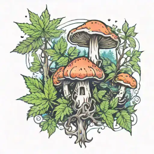 Forest With Psilocyin Mushrooms And Cannabis