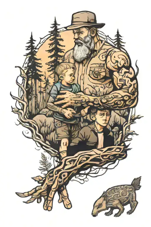 Father And Son Holding Hands Surrounded By Wilderness