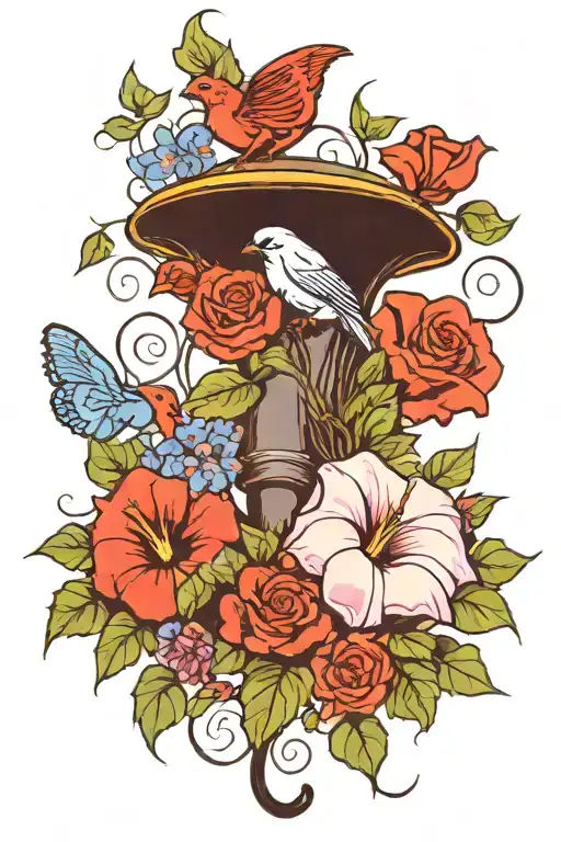 Morning Glory And Cosmo Flower With Cardinal Perched