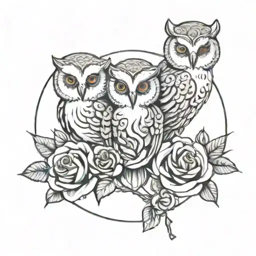 3 Baby Owls And Roses Blooming