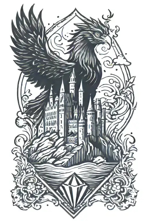 Hogwarts Castle With A Pheonix Flying Across The Water In A Diamond Shape