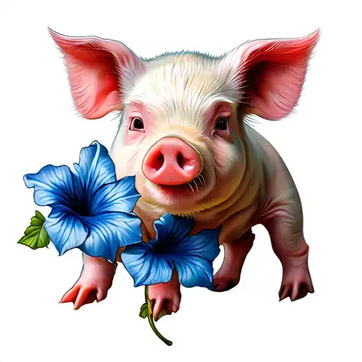 Baby Pig With A Blue Morning Glory Flower