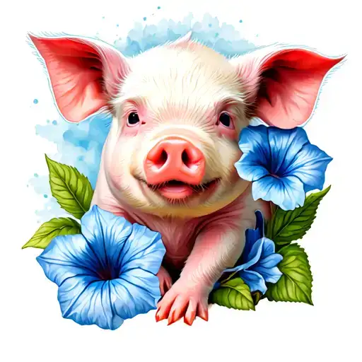 Baby Pig With Blue Morning Glory Flower