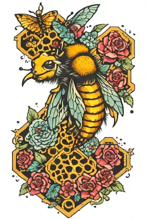 Honeycomb Tattoo Featuring Colourful Animals