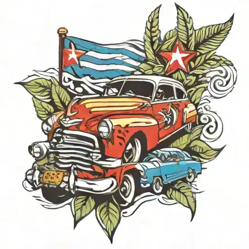Cuban Flad And Cuban Cars