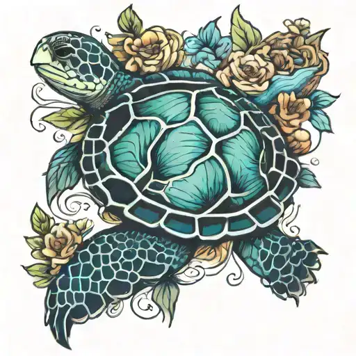 Sea Turtle With July September January Birthflower Vining