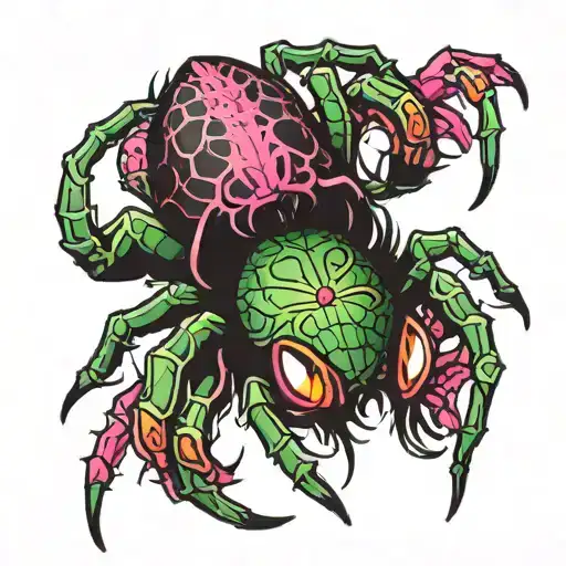 Green And Black Spider With Pink Eyes
