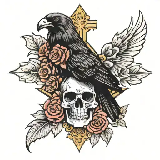 Cross Roses Crow And Skull