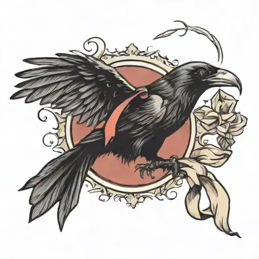 Crow Flying Away Holding A Ribbon In Its Beak