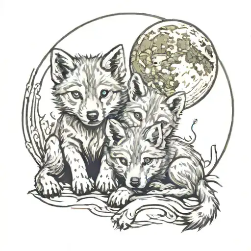 Wolf Cubs And The Moon