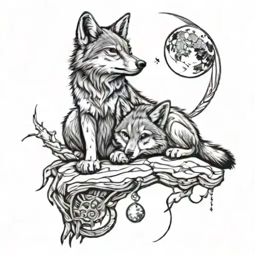 Wolf Cubs Looking At The Moon On The Spine