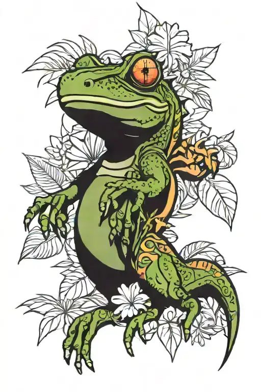 Tropical Plants With Frog And Raptor Dinosaur Outline Cartoon