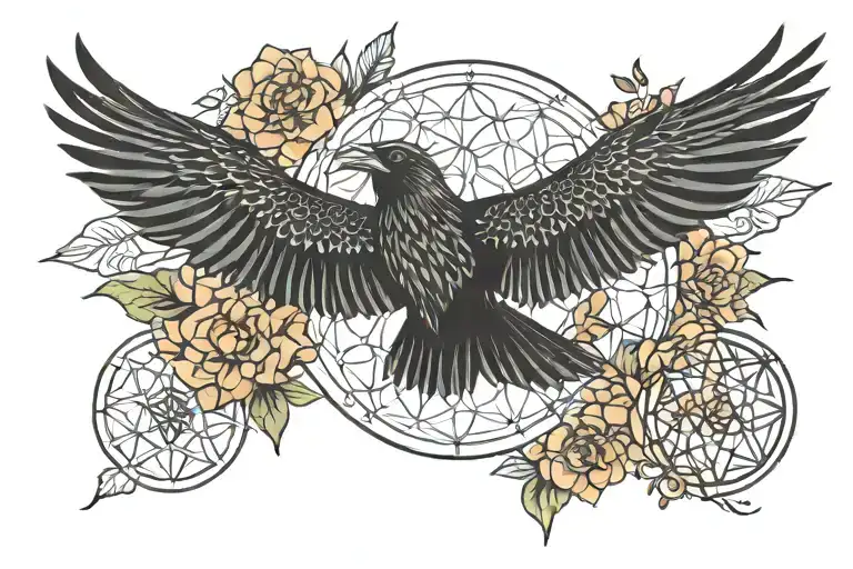 Symmetrical Raven Flying With Flower Of Life Background