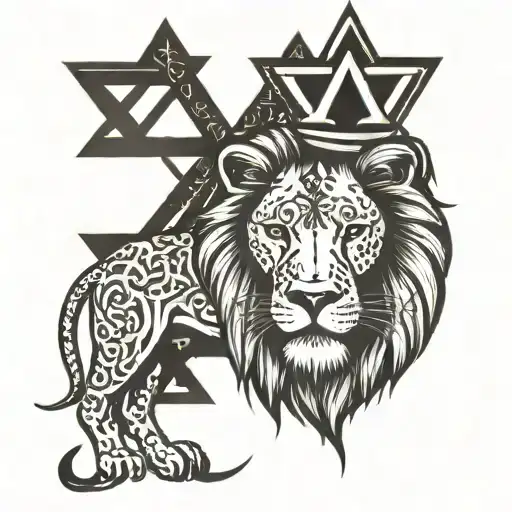 Lion Of Judah With 6 Pointed Star Of David And The Cross