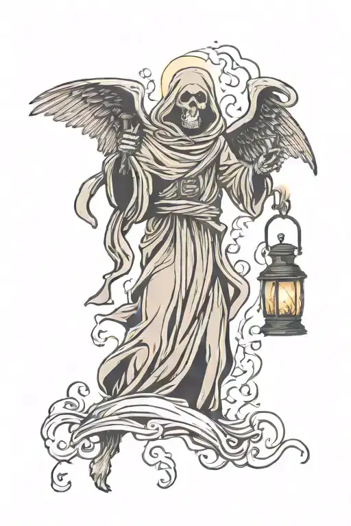 Grim Reaper Hovering Over An Angel Holding A Lantern