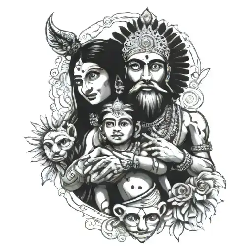 Indian God With Mother Holding Her