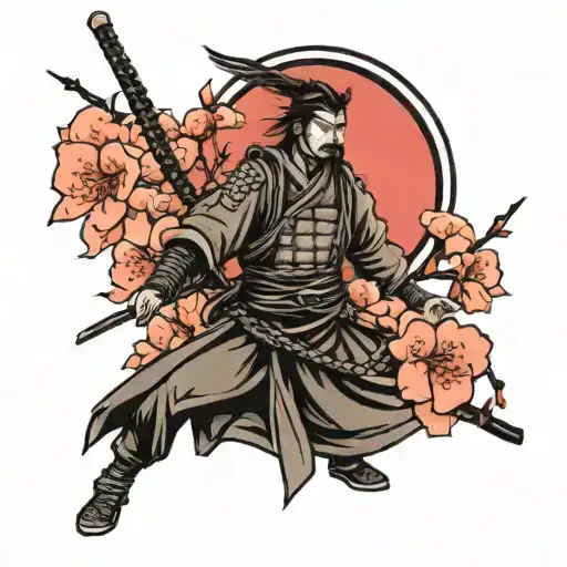 Samurai And Cherry Blossom Tree In Black Lines