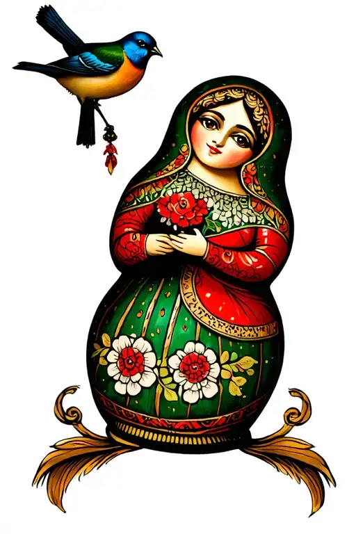 Russian Doll Holding A Bird Perched