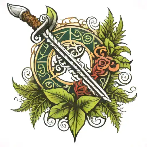 Polynesian Tribal Patterns Intertwined With A Sword And Ferns