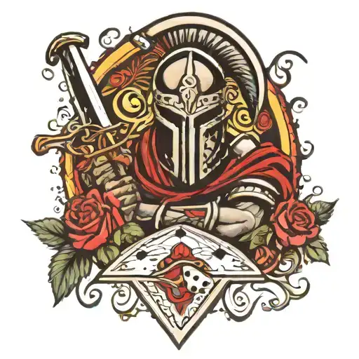 Spartan With Sword And Roses And Playing Cards With Dice