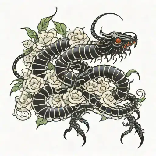 Japanese Kaneki Centipede Whit A Black Interwined With Spider Lily And White Roses