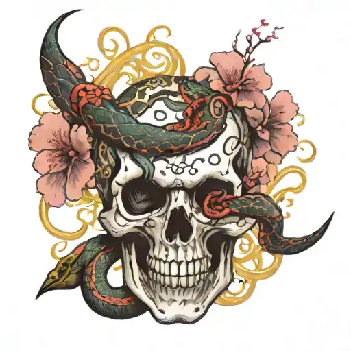 Lightning Snake Slithering Around Skull With Sakura Flowers