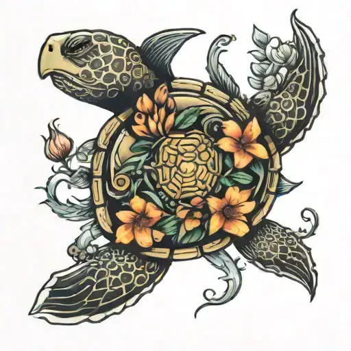 Turtle And Flowers Surrounding