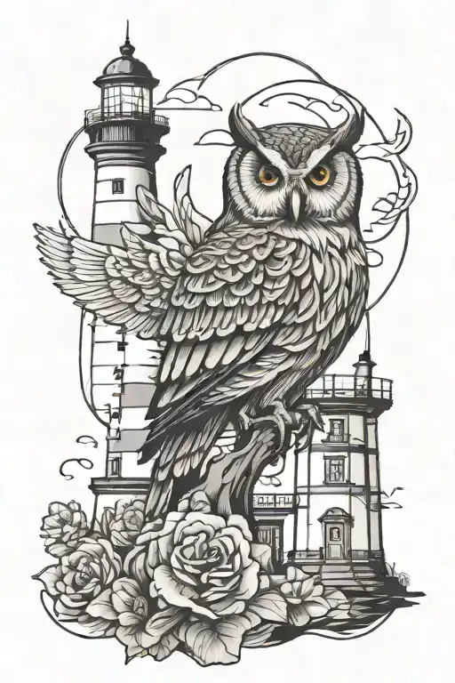 Owl And Lighthouse Overlooking
