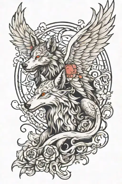 She Wolf Howling And Fairy Wings And Dragon