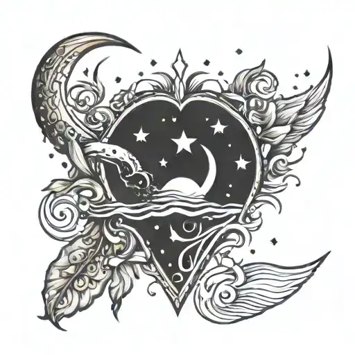 Moon And Heart With Ocean And Stars Minimalist