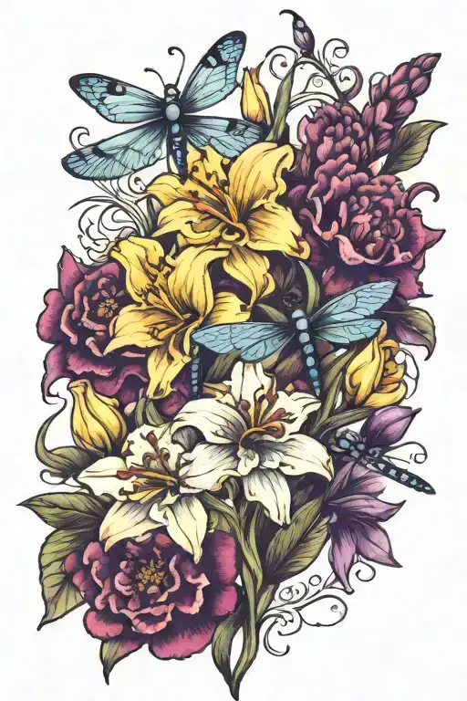 Carnation Daffodil Violet Flowers And Dragonfly