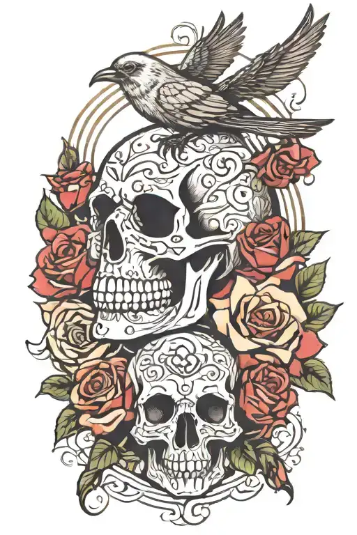 Upper Arm Sleeve Roses Birds Eyes And Skull Surrounded