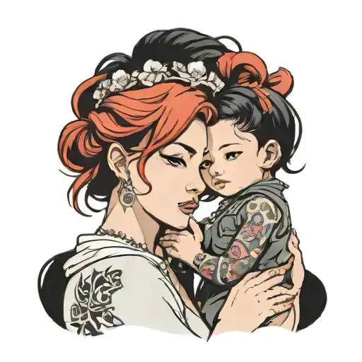 Mother With Red Hair Brunette And Daughter With Black Hair Based On Anime