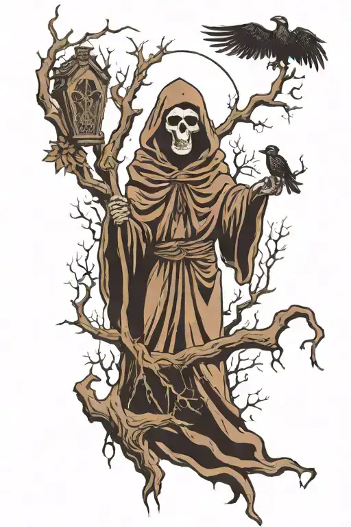 Grim Reaper Holding A Sycthe In A Graveyard With Crow In A Tree