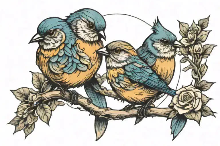 3 Little Birds Perched With Sun Elements Intertwined