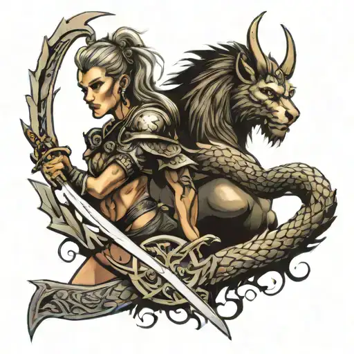 Dragon Woman Sword Lion Viking