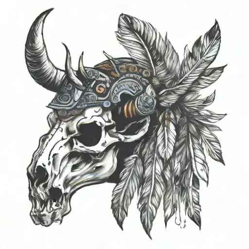 Bison Skull With Feather Headdress